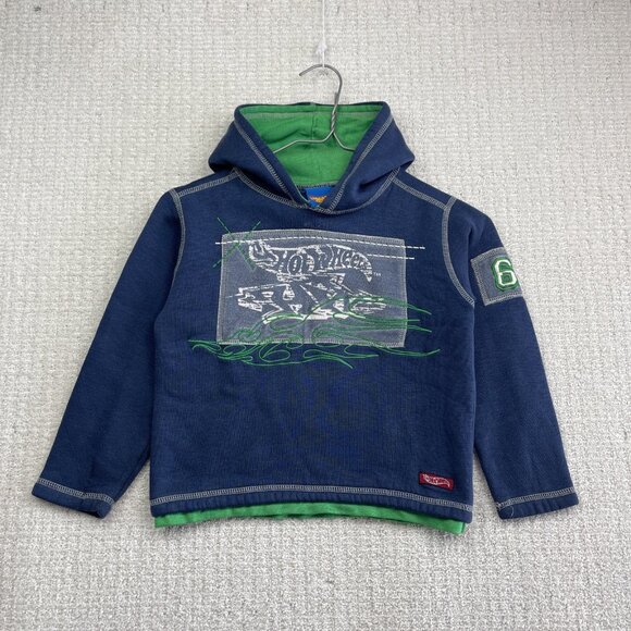 VTG Y2K 2004 Mattel Hot Wheels Kids Boys Sz 6 Hoodie Jacket Blue / Green Flames - Picture 1 of 14